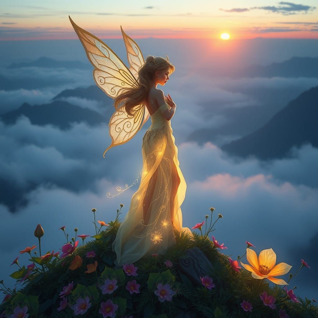Ethereal Fairy on a Misty Mountain Peak