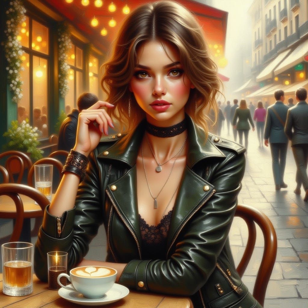<lora:Oil-HD 2 Flux:1.0> Portrait of a Beautiful stunning woman wearing leather and lace in a Parisian outdoor cafe magical mystical enchant...