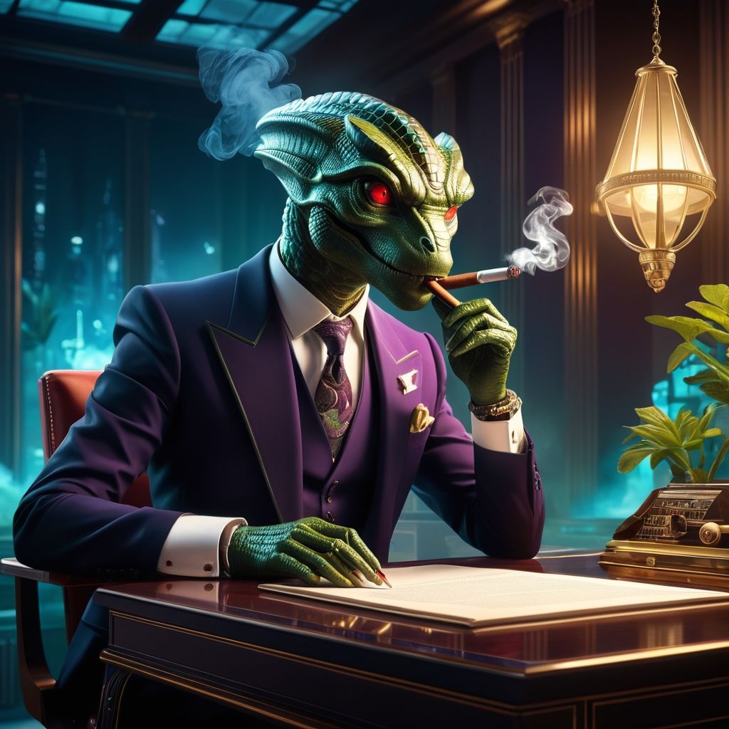Reptilian sitting at his desk smoking a cigar