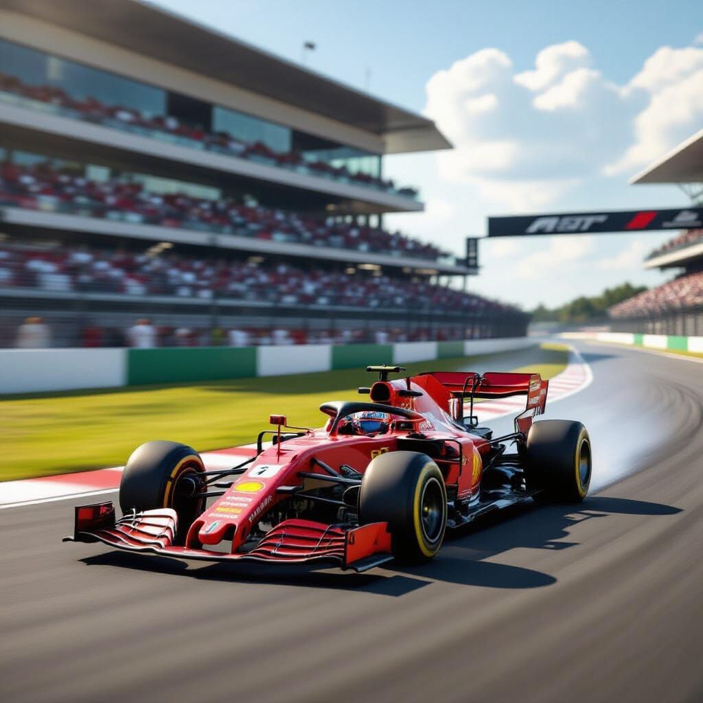 Red Ferrari Race Car Speeds Down Track