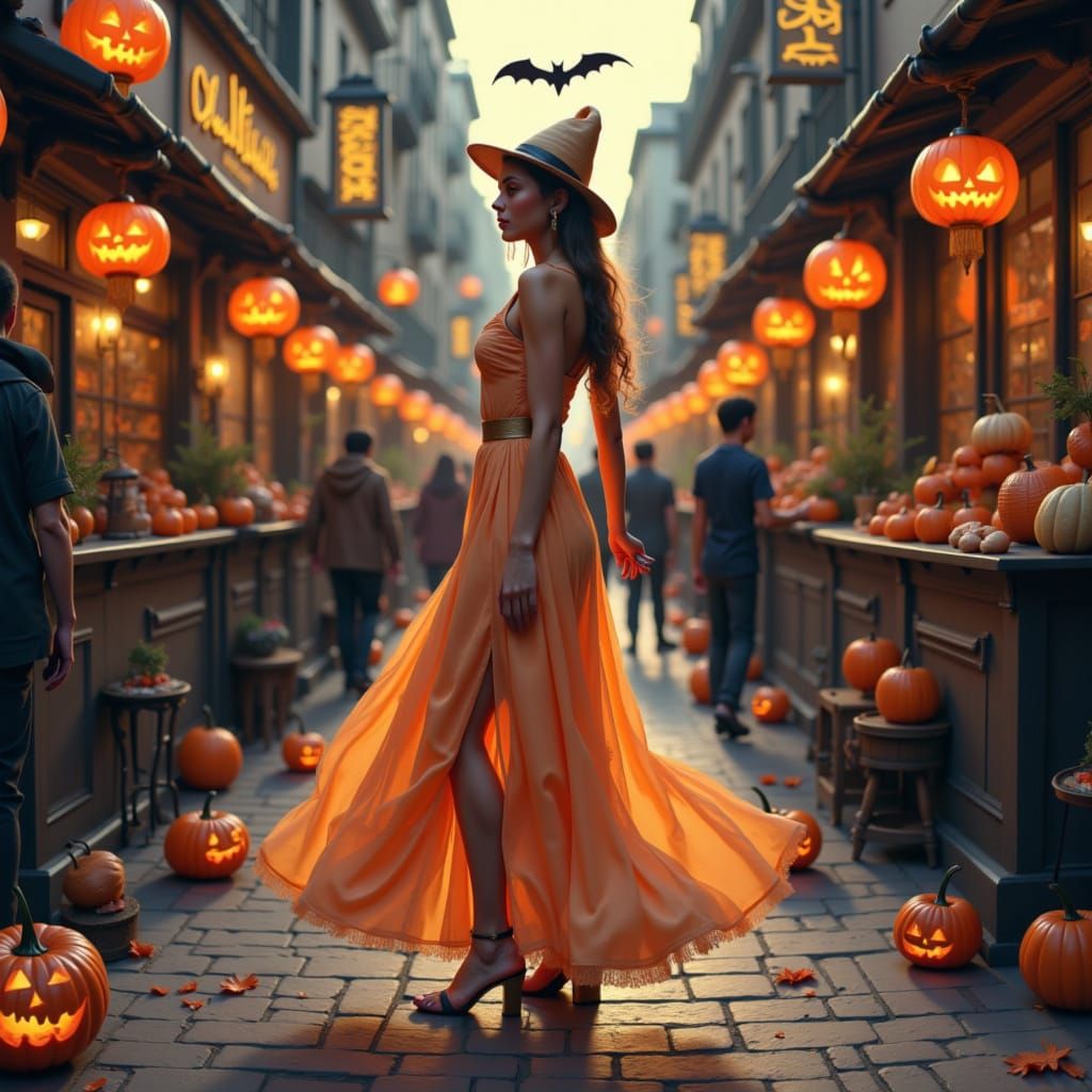 a young woman wears a dress in the style of <lora:Halloweenify:1.0>