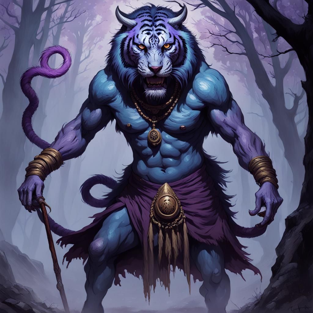 Rakshasa Tiger Demon Shaman witchy way skinwalker with Bluish Purple skin  wearing animal hides - AI Generated Artwork - NightCafe Creator