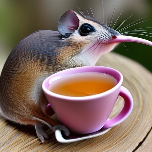 Elephant Shrew sipping from a pink tea cup