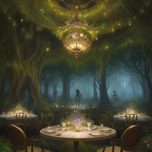 Surrealism. A clockwork owl with glowing eyes serves a steaming cup of stardust latte in a whimsical, overgrown botanical garden café. The t...