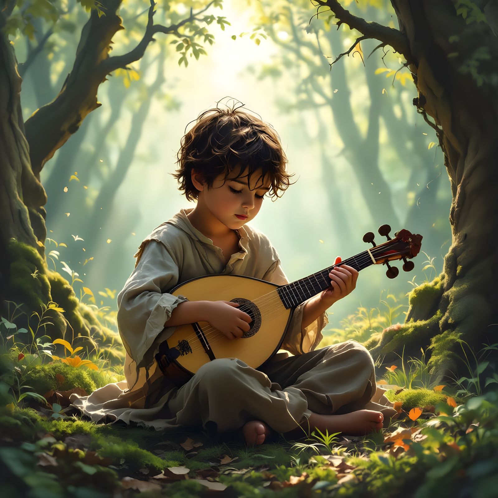 Boy Plays Oud in Mystical Forest of Light
