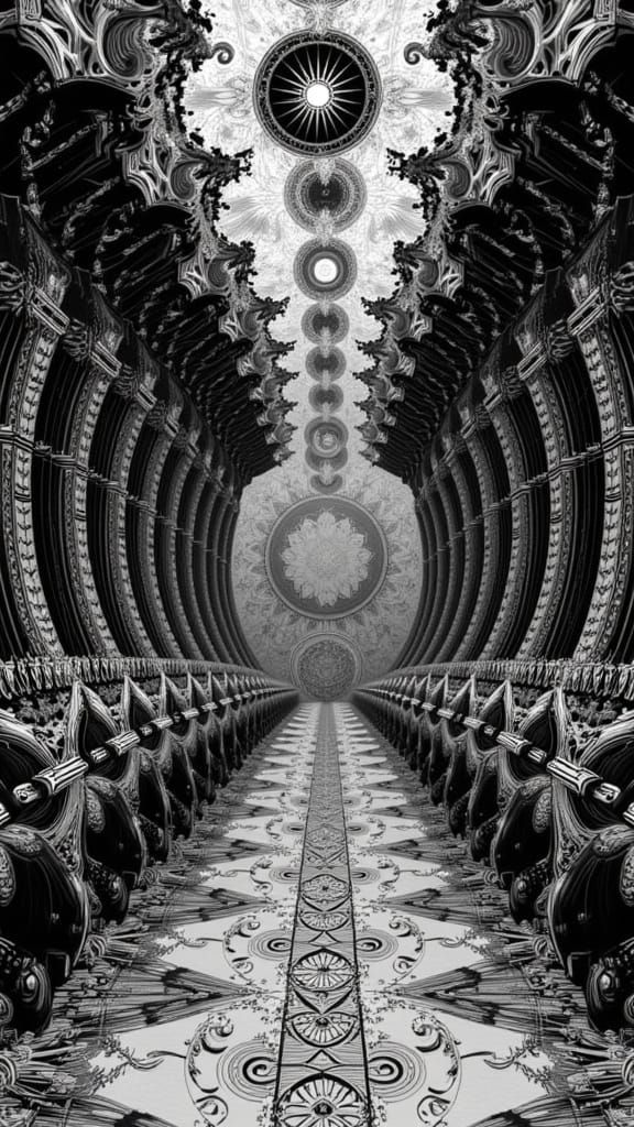Displaying horizontal instances of a **[Vertical instances of a Fractal_(Double\pendulum) Visualization]** ➡️(E➡️M➡️A➡️ <lora:G1i7ch5c4p3:0....