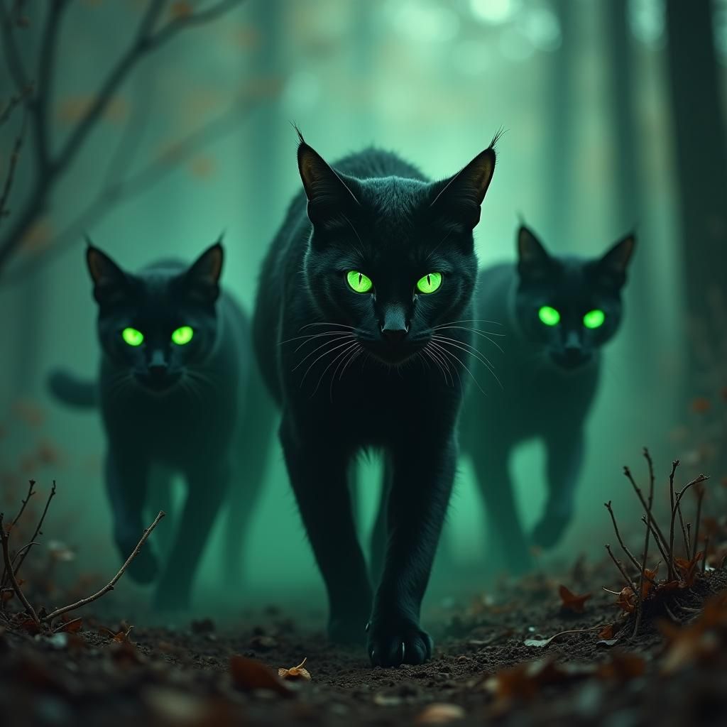 many Black Cat form the abyss, Green eye, dynamic light, honor, scary