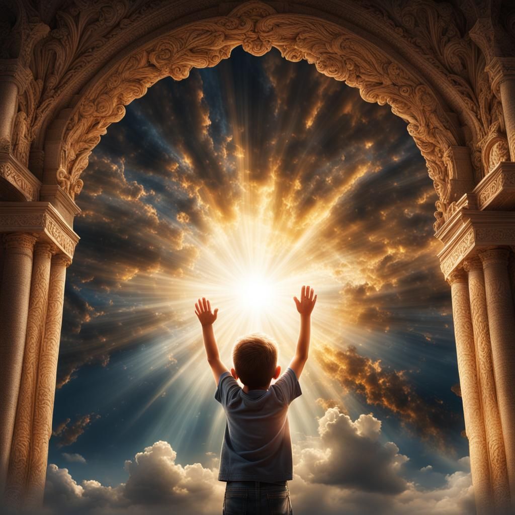 A young boy with a face glowing with strong rays of light ra...