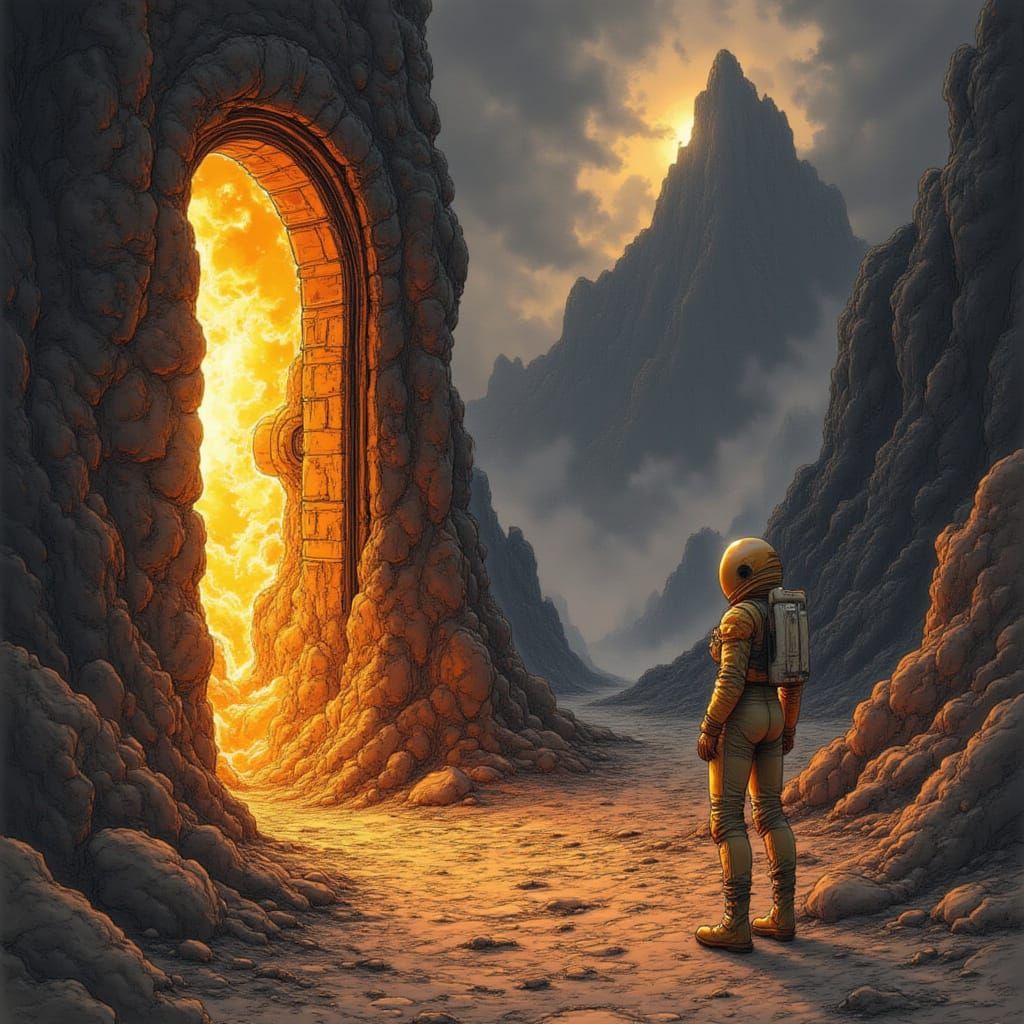 <lora:Void Fracture:1.0> a spacewoman leaving a flaming door from <lora:Vacuum Divas:1.0> hell