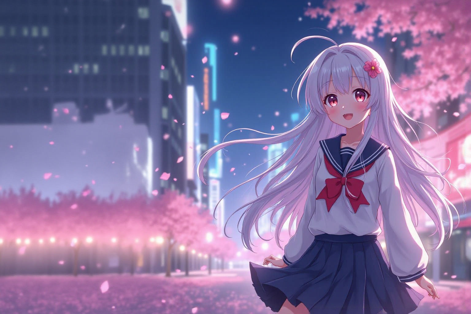 Create an animated-style background image in a 16:9 aspect ratio, featuring a vibrant urban anime cityscape at night with glowing neon light...