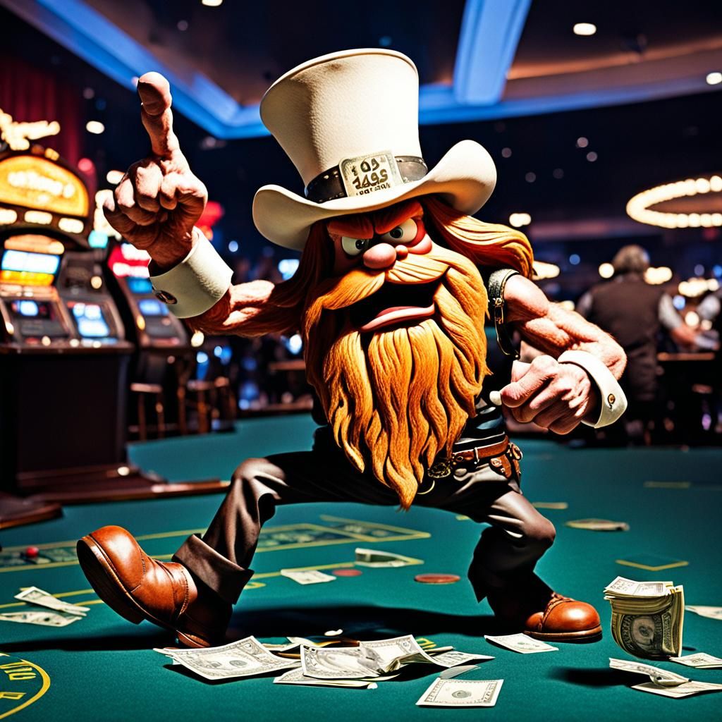 A drunken Yosemite Sam who is holding a gun in his left hand robs other players at a Las Vegas blackjack table intricate details, HDR, beaut...