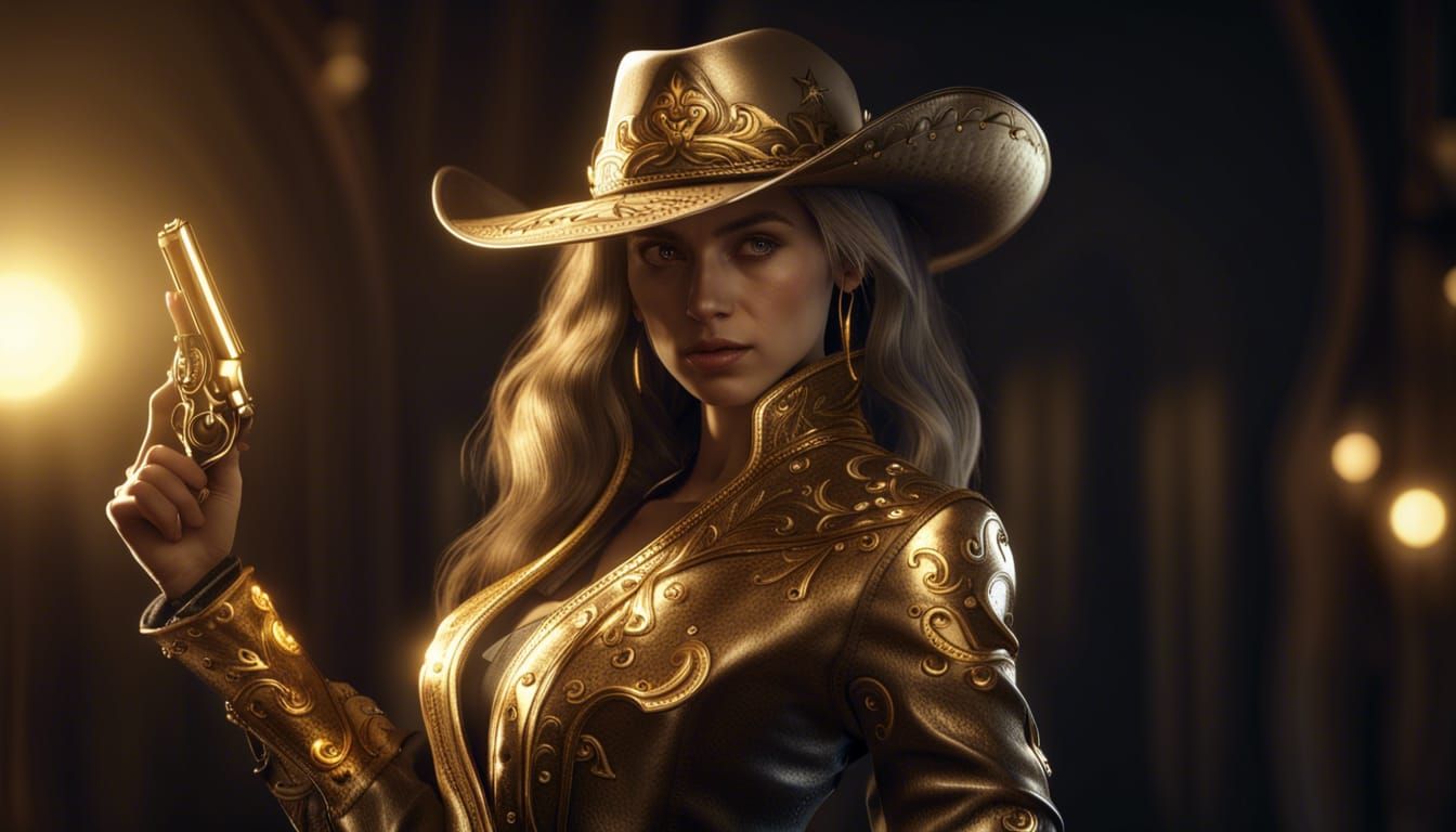 The girl in cowboy fashion is holding a golden gun - AI Generated ...