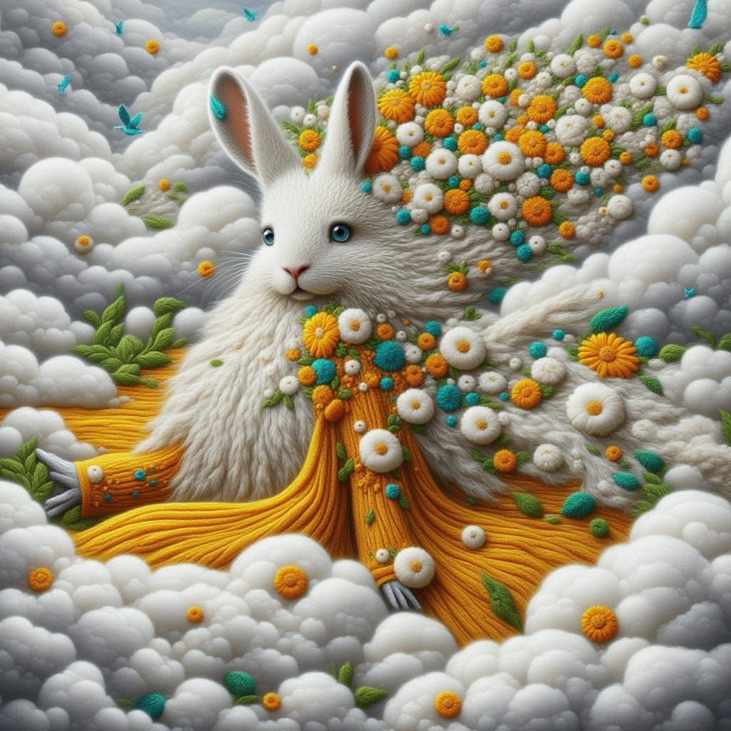 <lora:Kak-embroidery:1.0>A wonderful surreal painted rabbit made entirely of small white flowers clustered together flowing in the wind, it ...