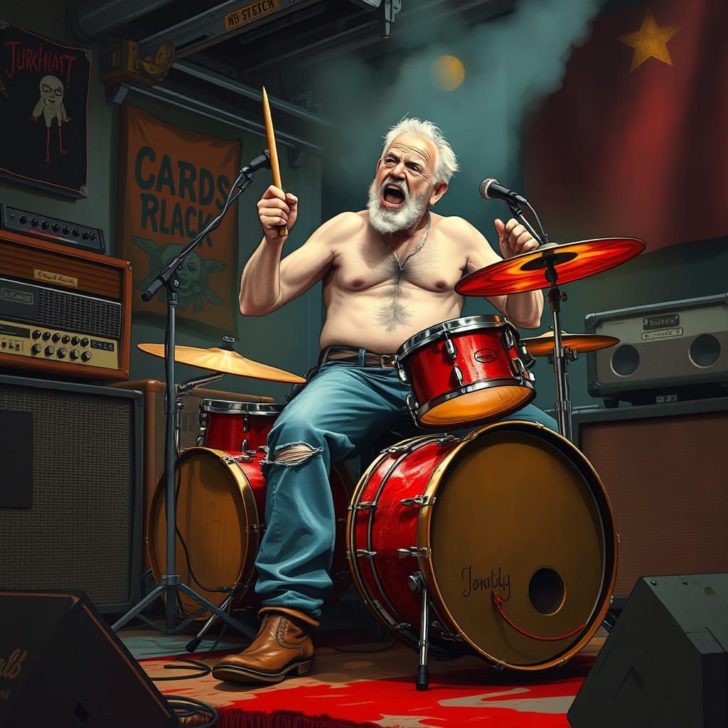 Energetic Rock Drummer in Smoky Music Venue