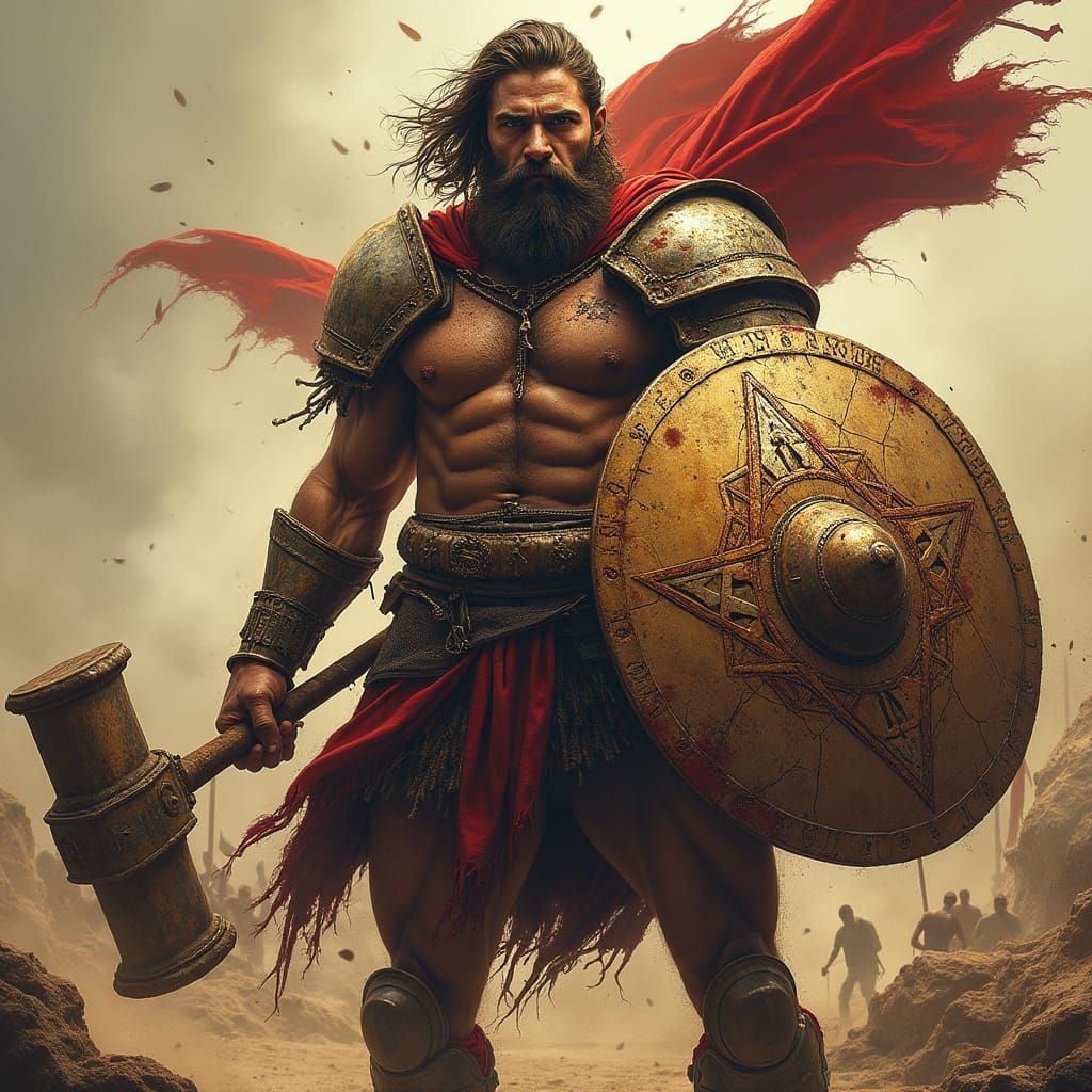 Judah Maccabee marches forward, raising his mighty hammer. With divine fury, he strikes a Greek soldier—light bursts, po...