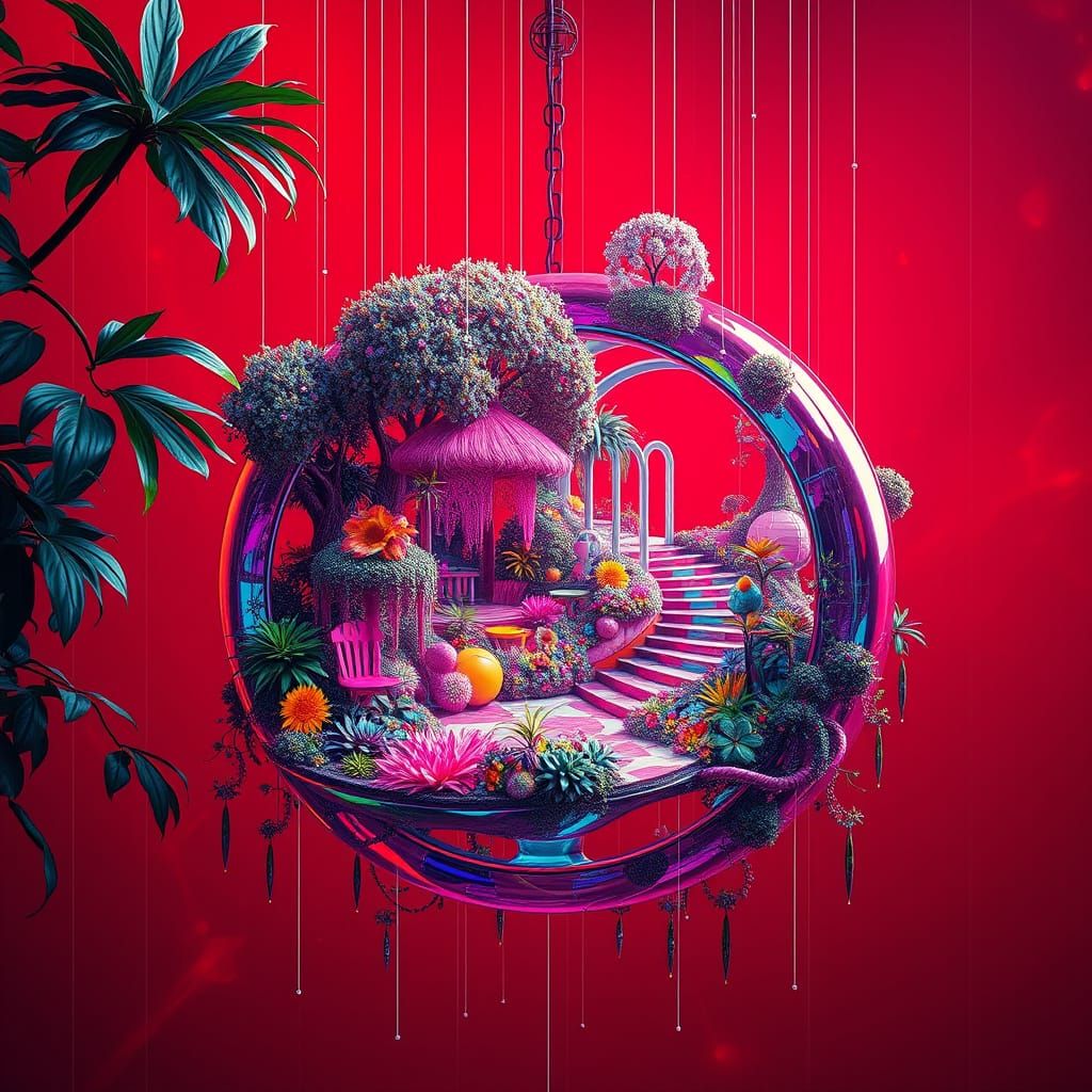 Surreal Iridescent Oasis in Mid-Air, Cyberpunk Dreamscape