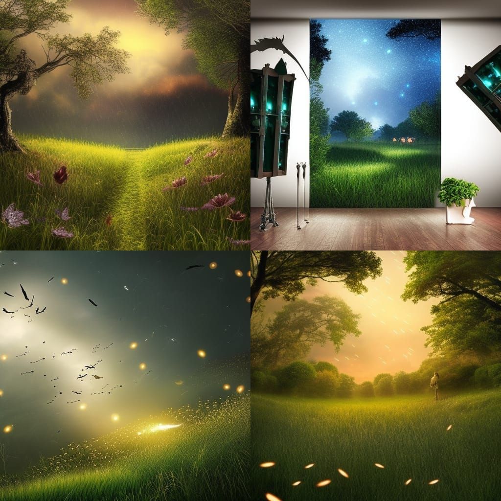 Fireflies fly over the grass