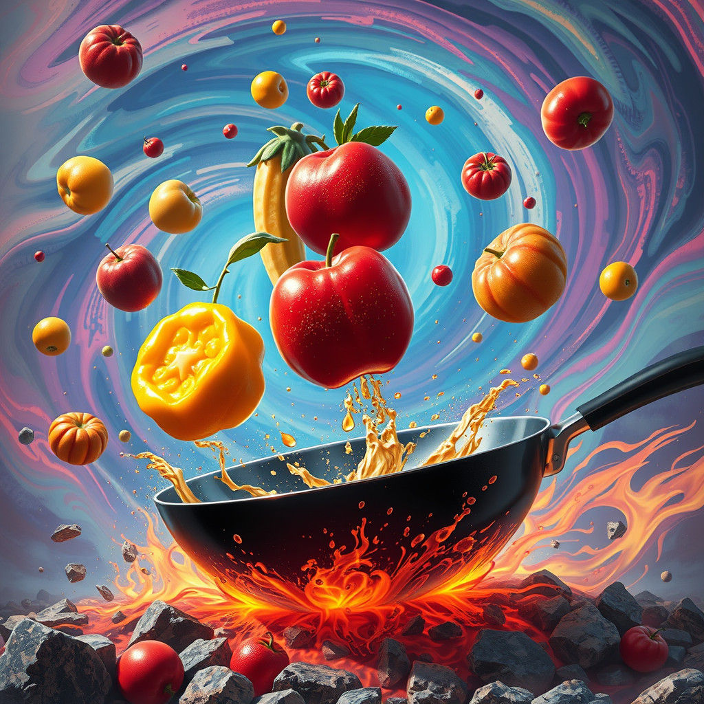 Surreal Food Fall into Giant Frying Pan, Sci-Fi Art