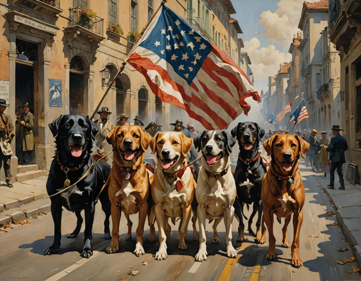 Cynus Cuneo painting, four dogs, holding up the flag of dogs ...