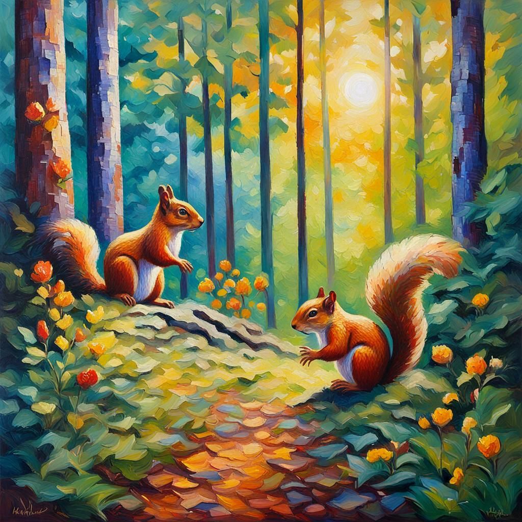 Forest, sunshine, morning, colourful, beautiful, squirrels,