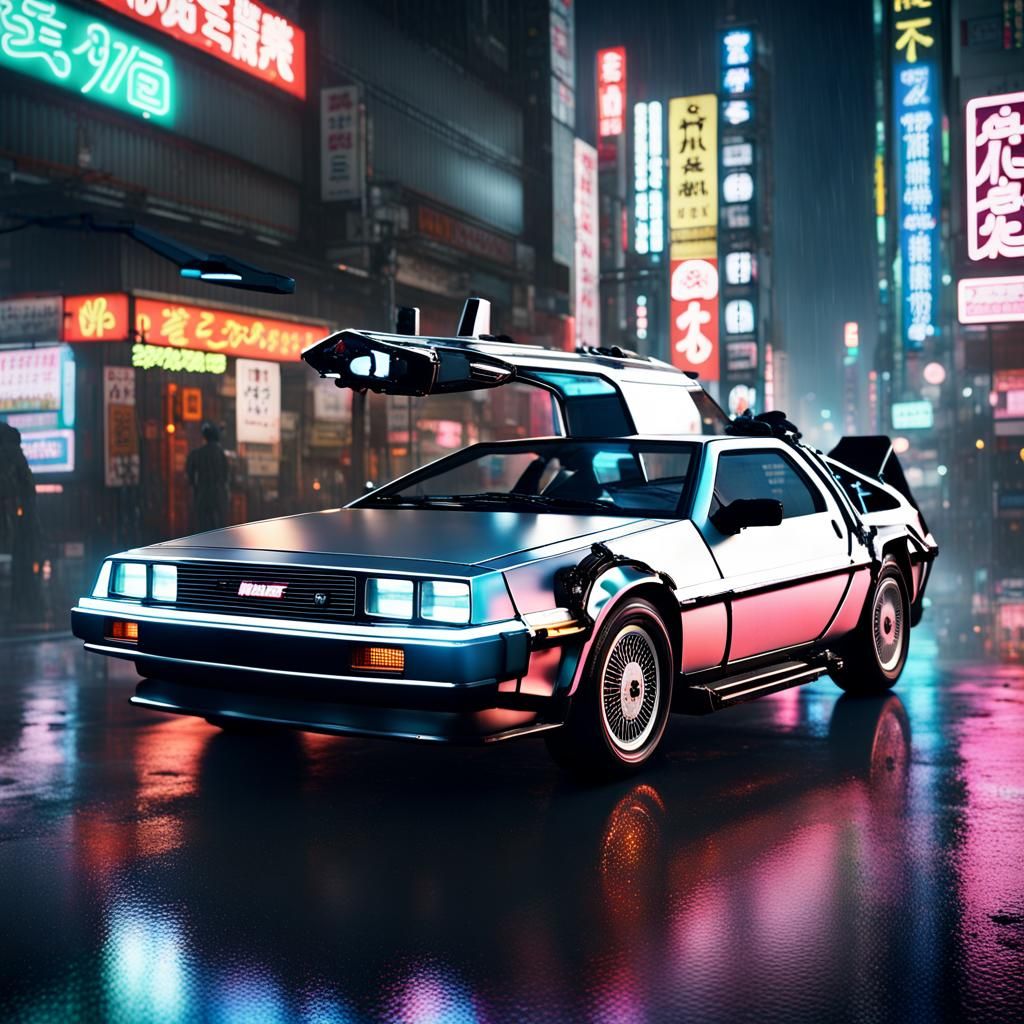 Back to the future's Delorean in the streets of Tokyo on a rainy night ...