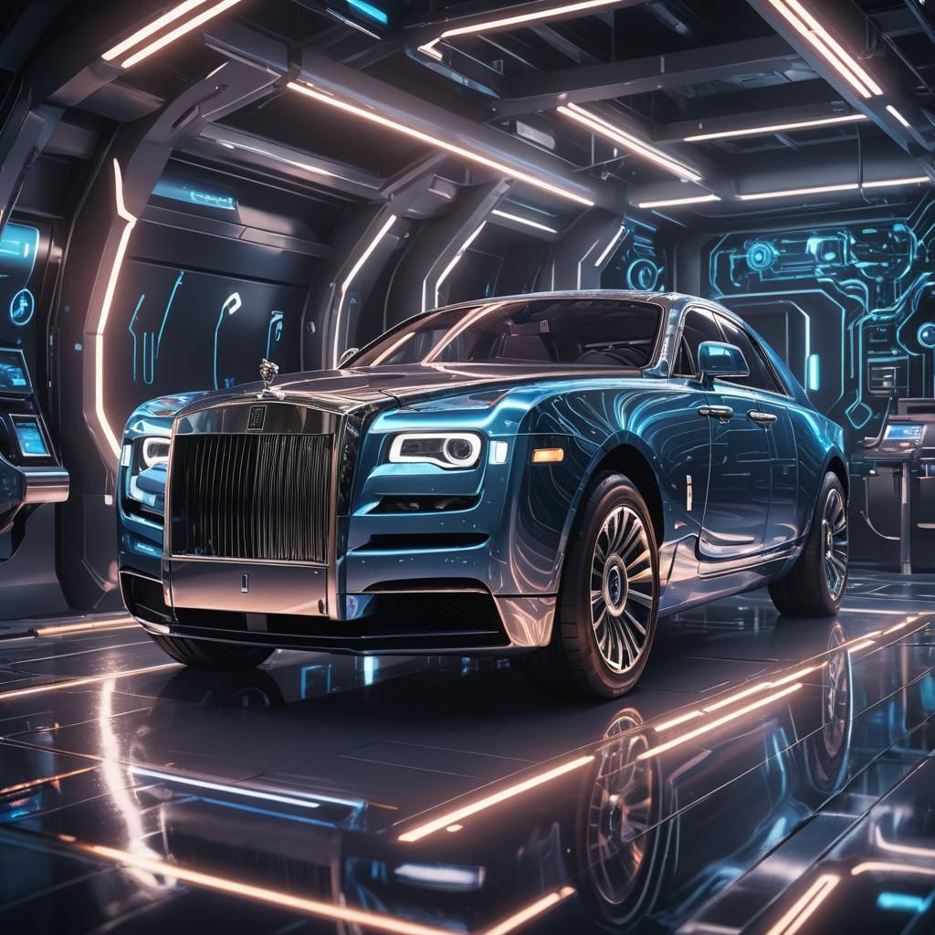 Futuristic Rolls Royce Concept Art in Neon Laboratory