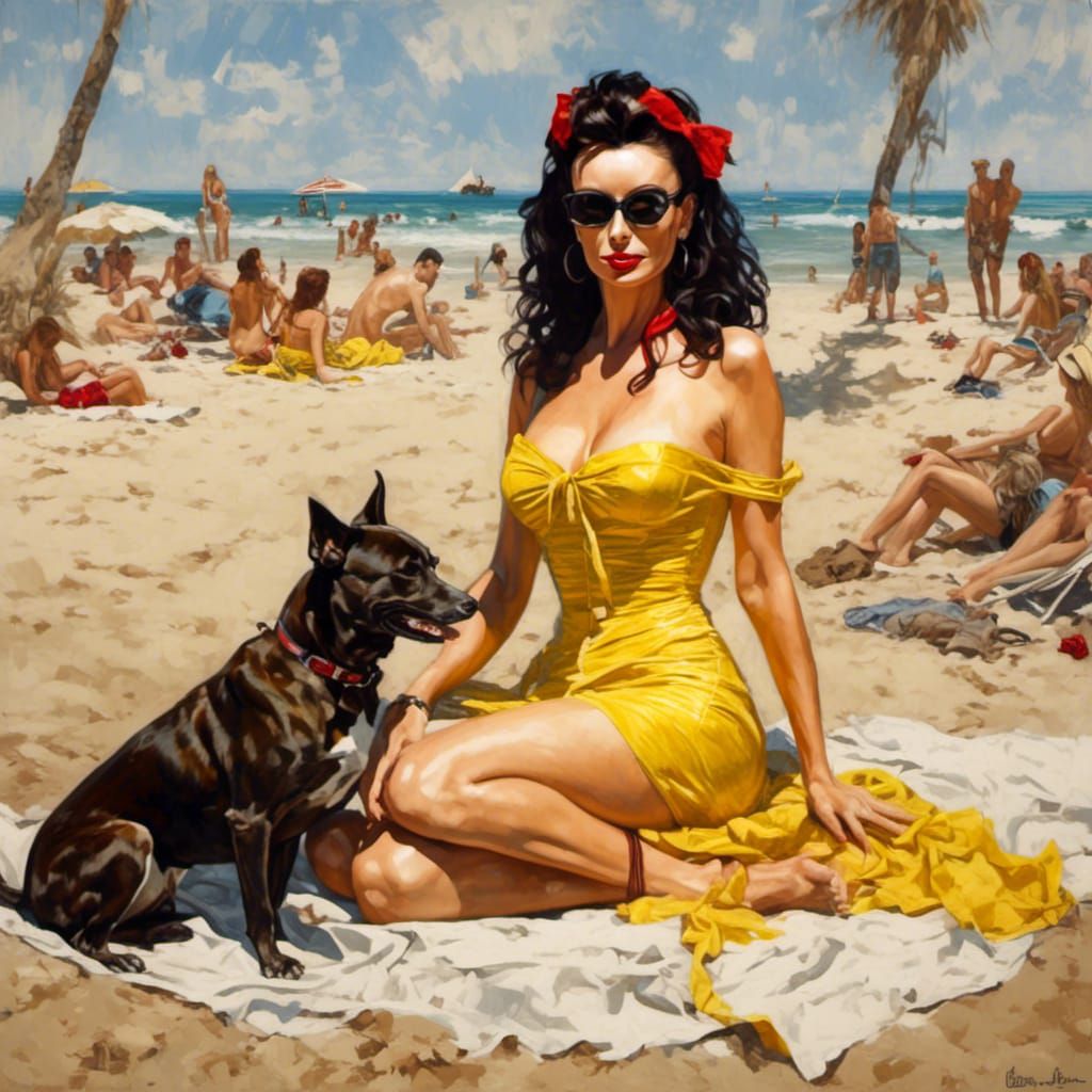 Princess Belle on the Beach, Retro Pin-Up Art