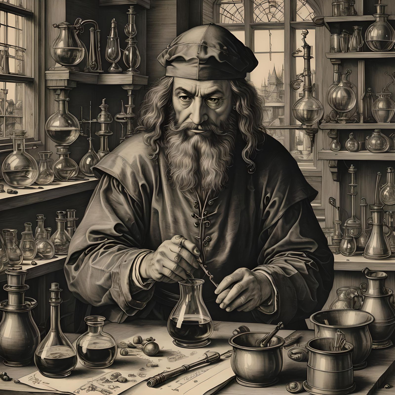 an alchemist in a lab mixing a beaker, Albrecht Durer, hyperdetailed charcoal drawing   by @LorenBecker