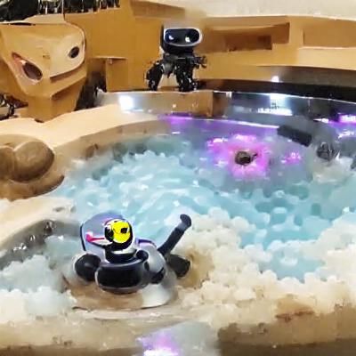 An adorable ninja robot in a jacuzzi