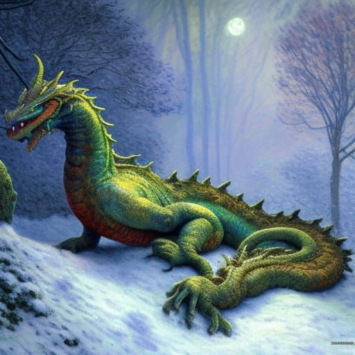 Old green dragon lying in snow