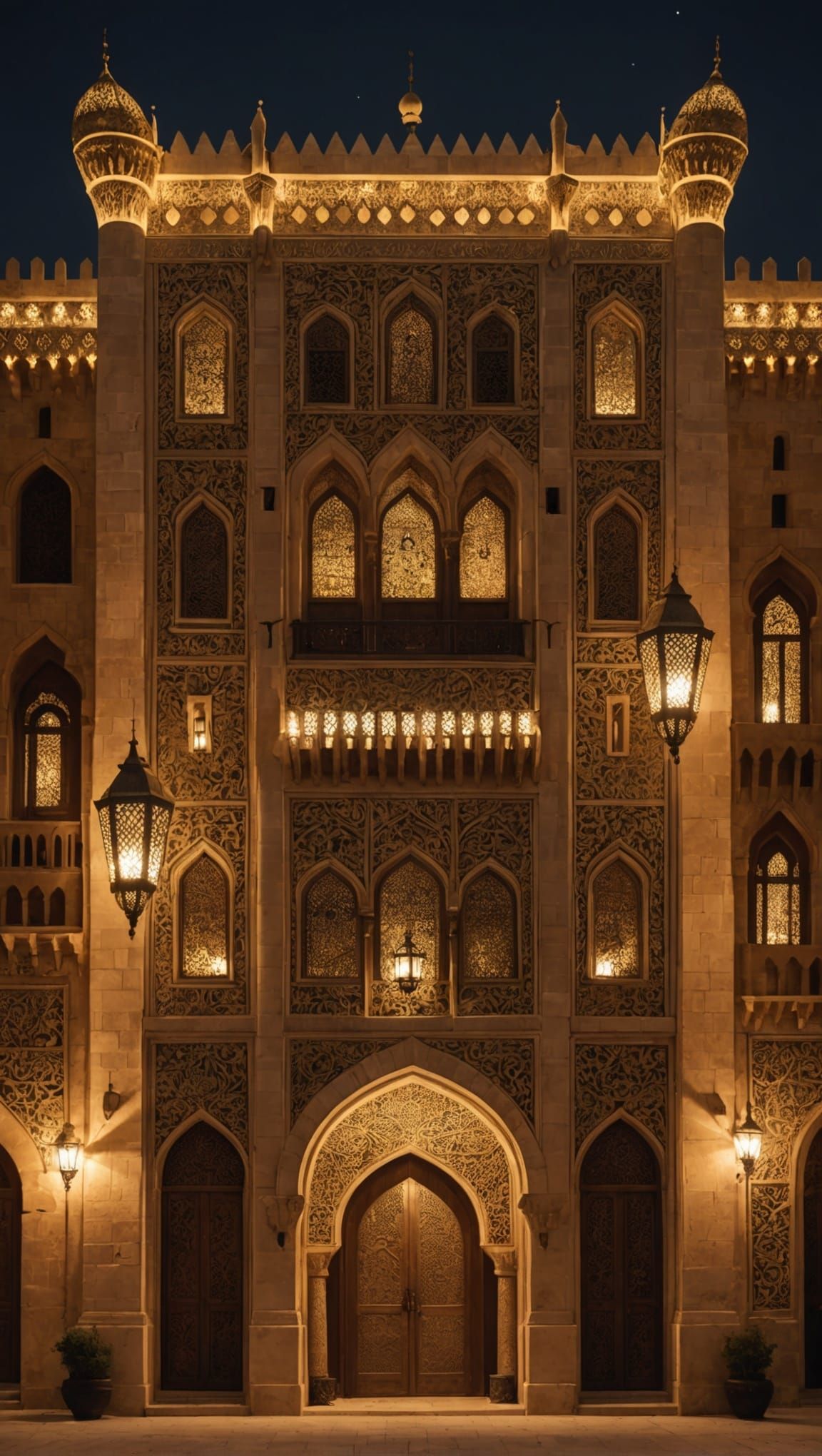 Rich Arab palace facade, night, tower, lanterns, intricate d...