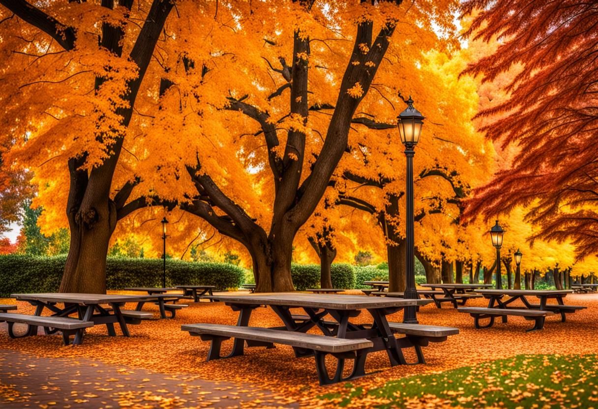 Picnic tables in a city park during the autumn and fall season. intricate details, HDR, beautifully shot, hyperrealistic, sharp focus, 64 me...