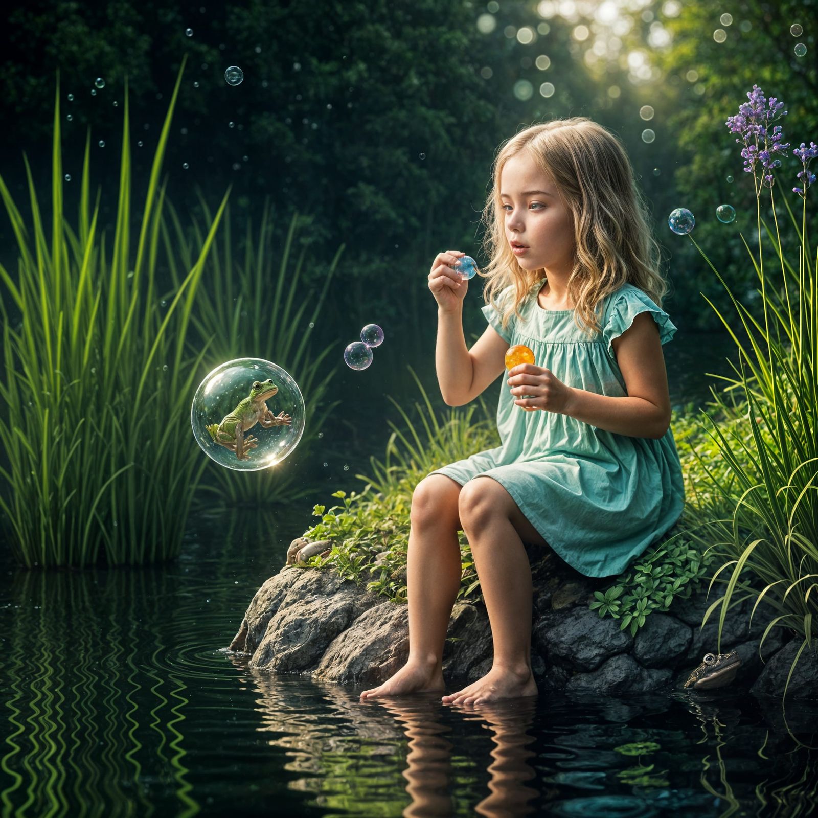  To both their surprise, the frog jumped as she blew bubbles  by @Kimber