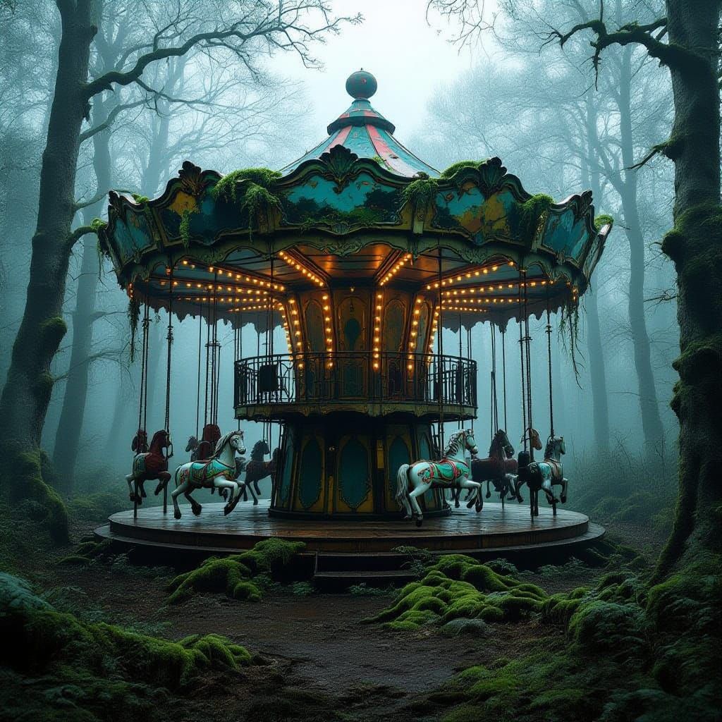 An abandoned carousel overgrown with moss and vines in a misty, forgotten forest clearing. The paint is peeling, and the metal is rusted, gi...