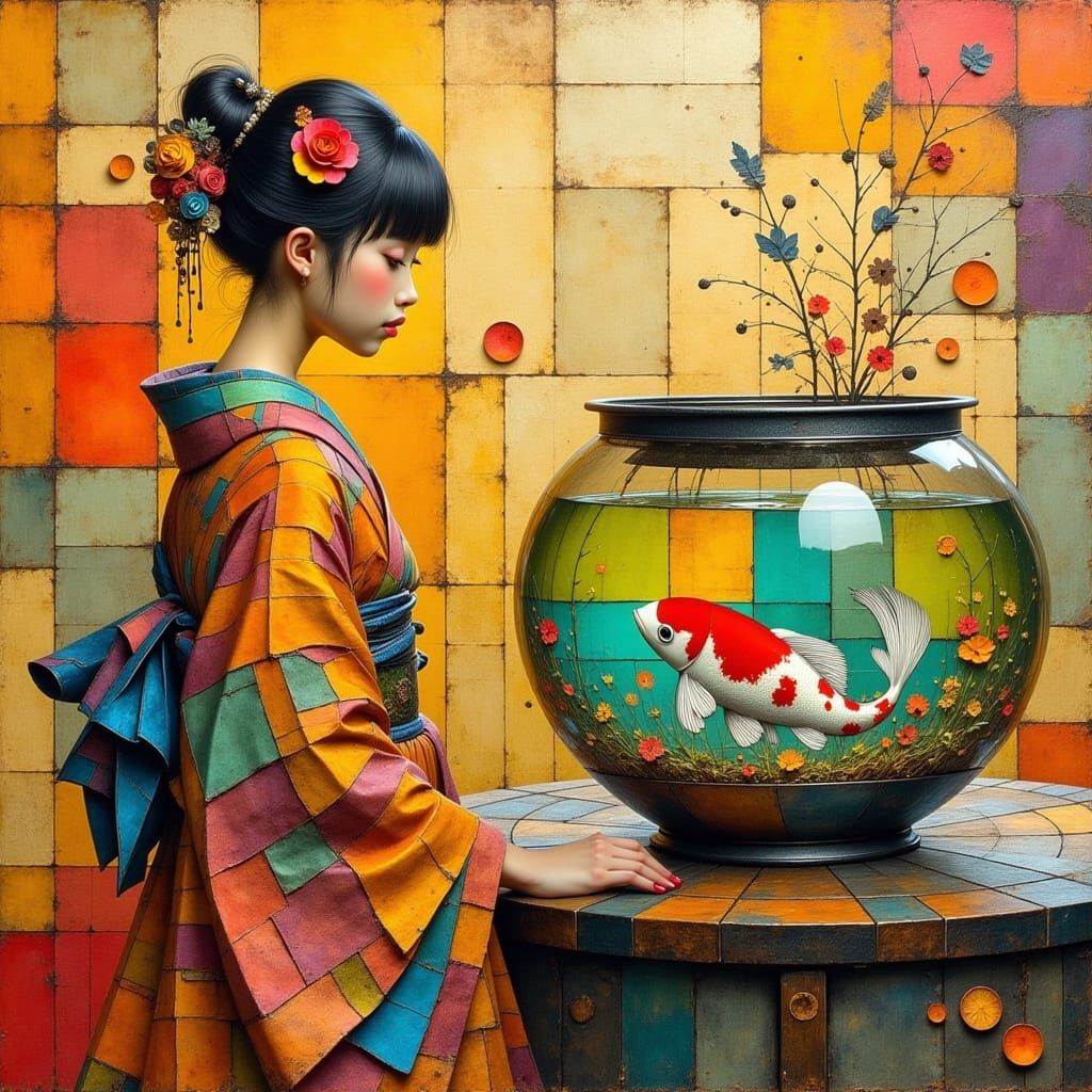 Steampunk Japanese Woman Admires Koi Fish in Vibrant Waterco...