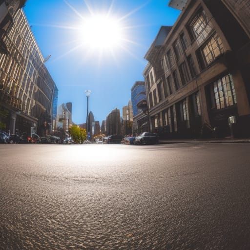 Detailed photograph of city street from the perspective of an ant. 8K resolution fisheye lens forced perspective