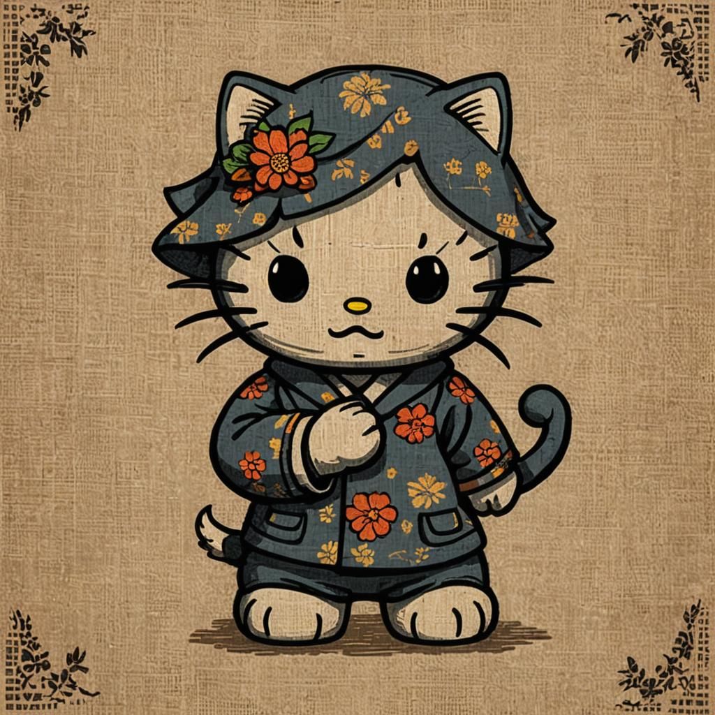 hello kitty meow in the style of Ukiyo-e