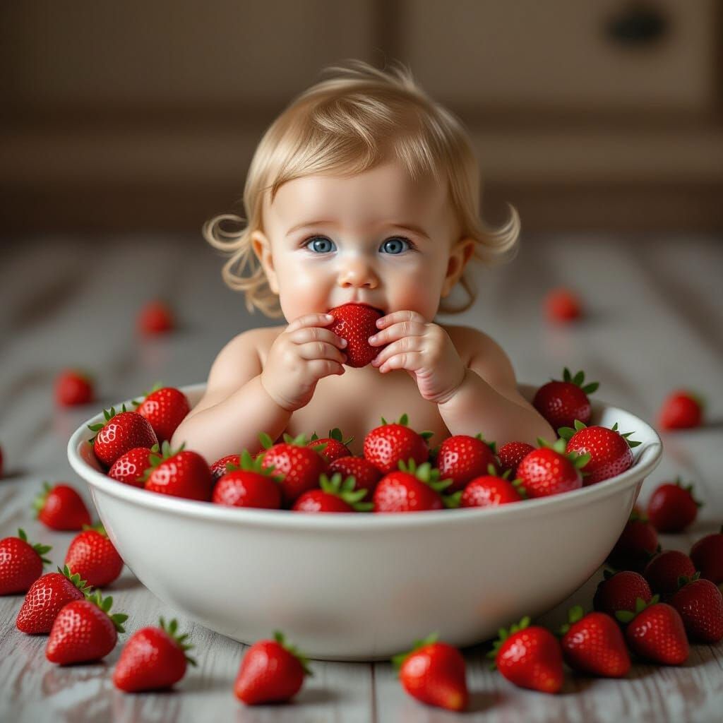 Photorealistic Baby Eating Strawberries in Bowl