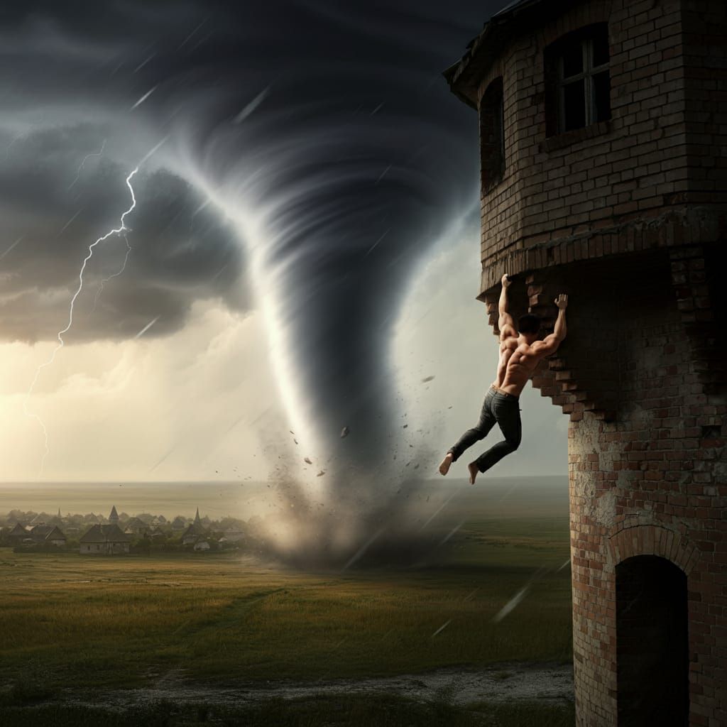 Human grabbing on tower ledge not get sucked into tornado