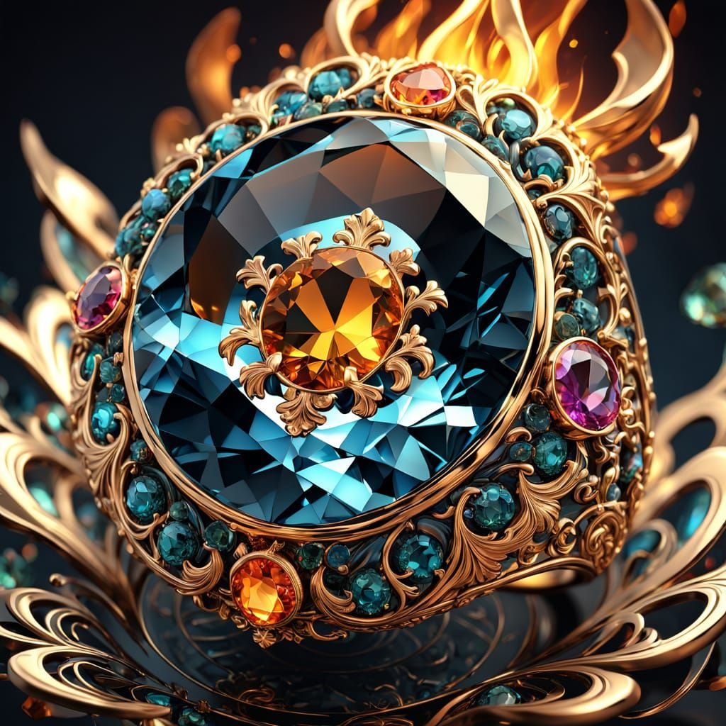 Baroque Ring Design with Crystal Bowl and Precious Gemstones