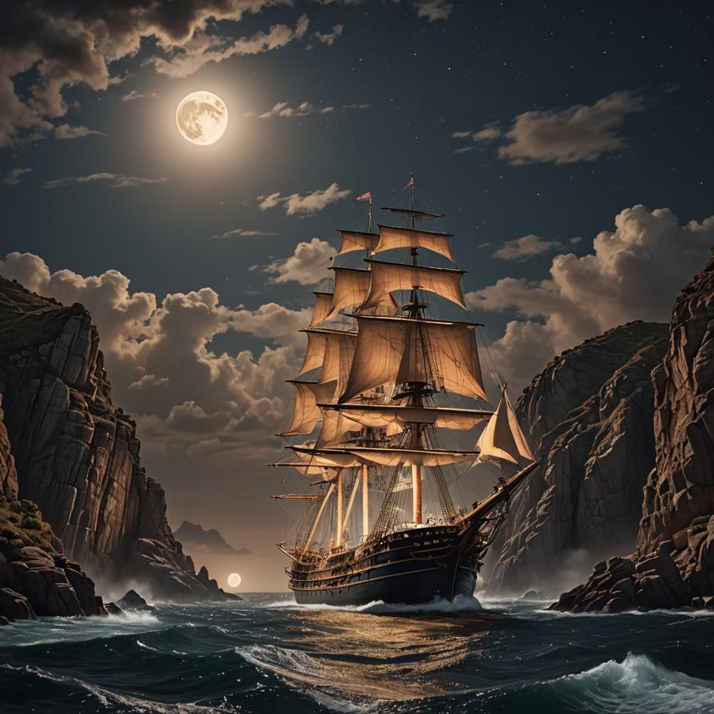 A majestic sailing ship navigating between two rocky cliffs ...