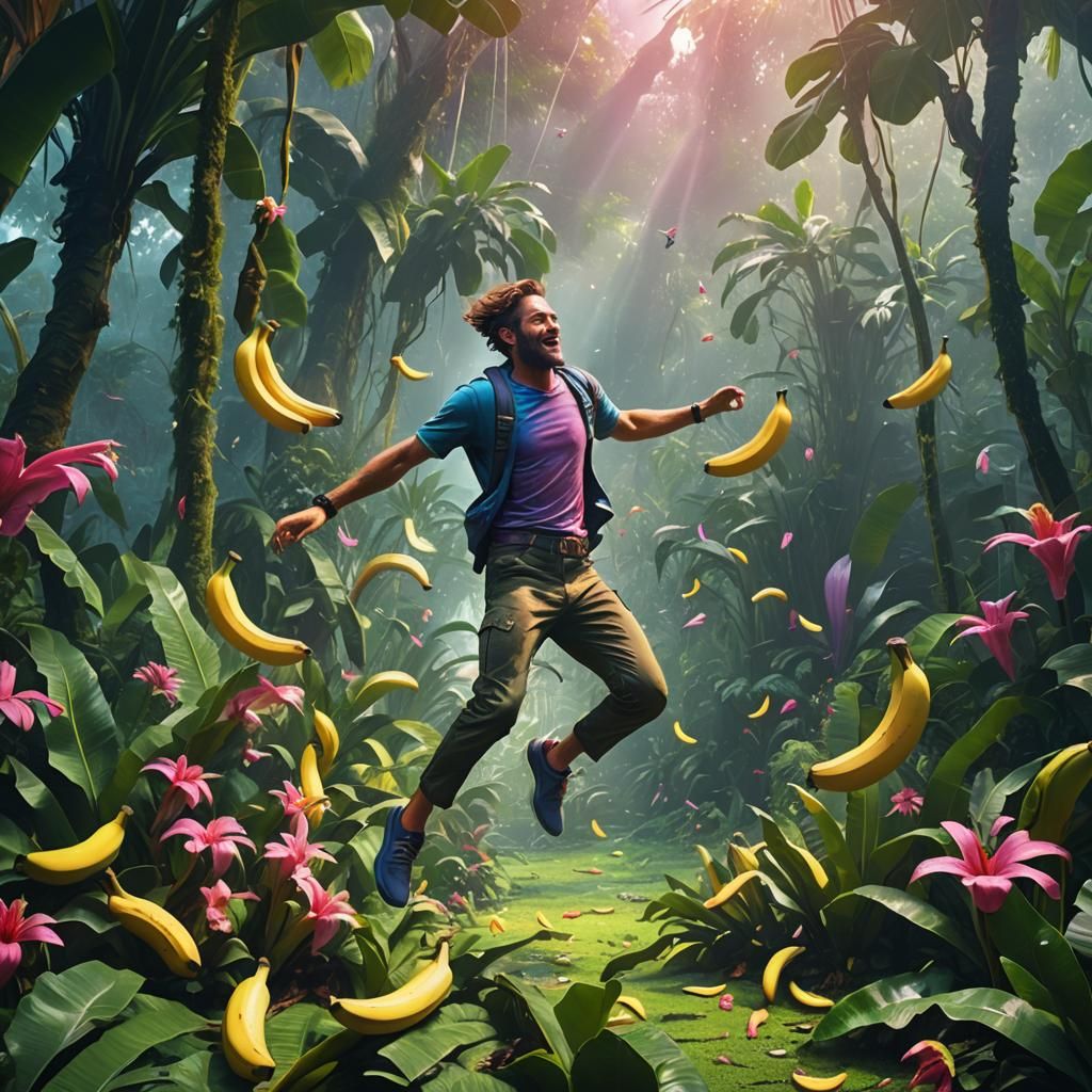 Person Jumping on Bananas in Lush Jungle