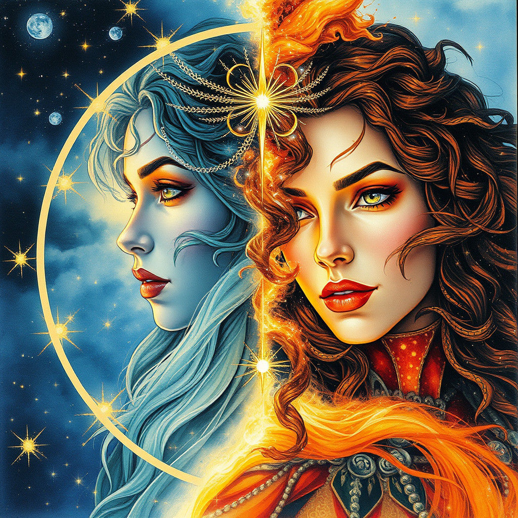 Double Exposure | Goddess of light , Zodiac ; ultra detailed portrait concept art by Philippe Druillet, ...  by @Didier B