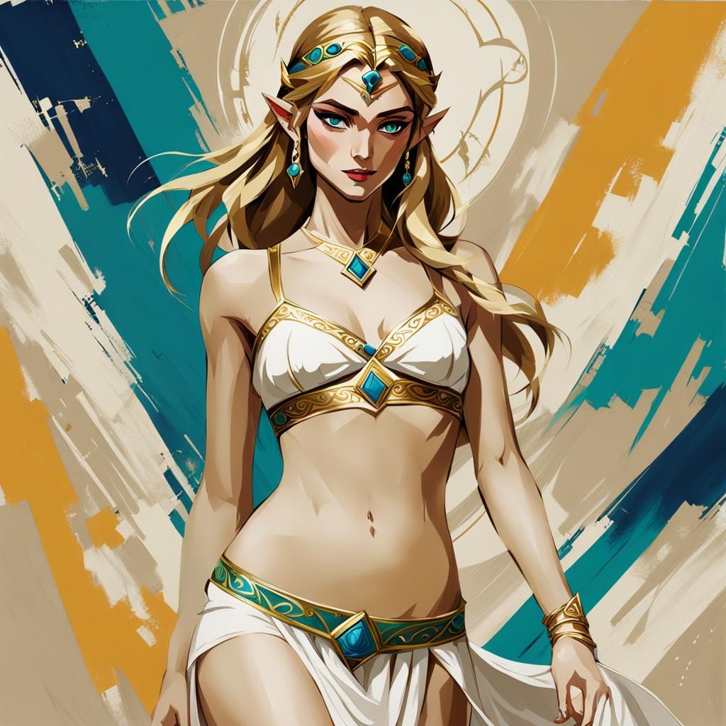 Princess Zelda, skimpy Greek goddess attire, bare midriff