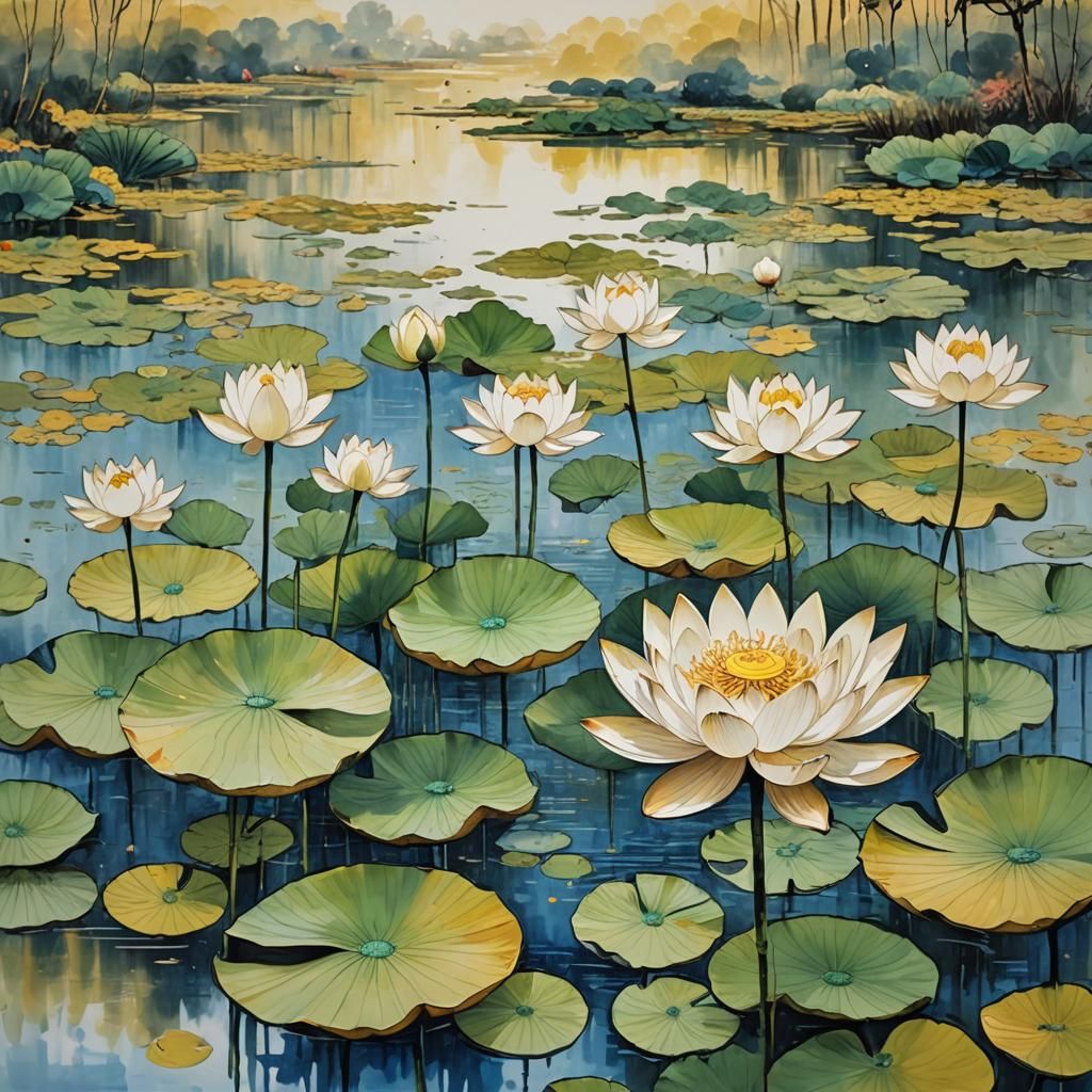 White Lotus in Golden Pond: Chinese Ink Painting