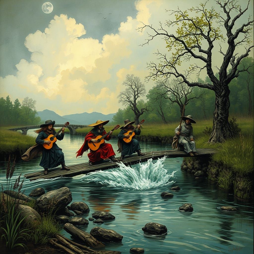 Gypsy Band Crossing River in Arthur Rackham Style