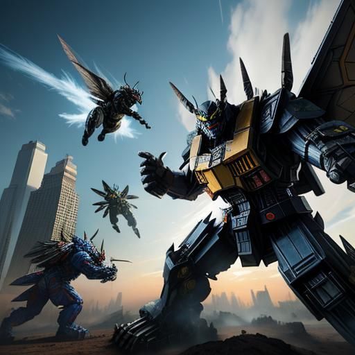 Transformer Optimus, Transformer Bumblebee, Godzilla and Mot...
