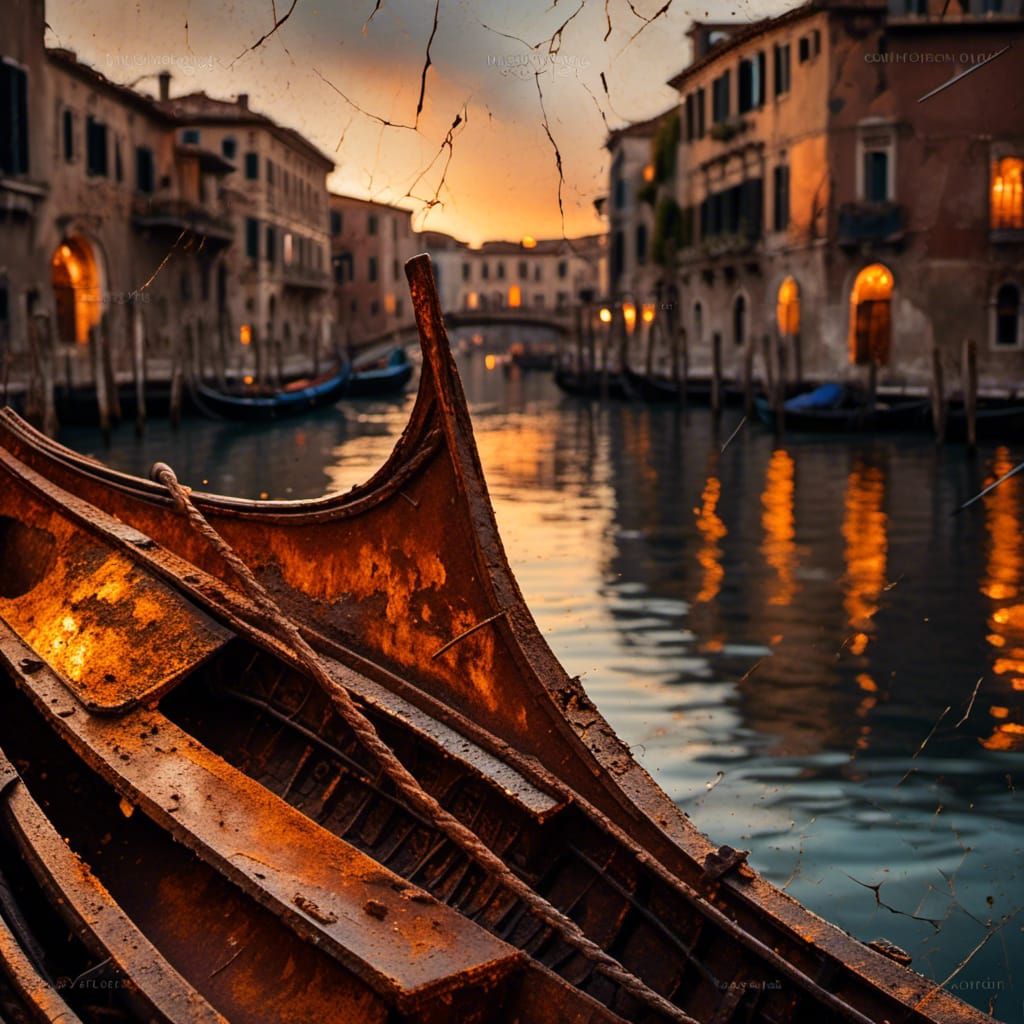 in the style of a rusted cracked and Grungy oil painting, taking a romantic ride on a rusty old italian gondola at golden hour, intricate de...