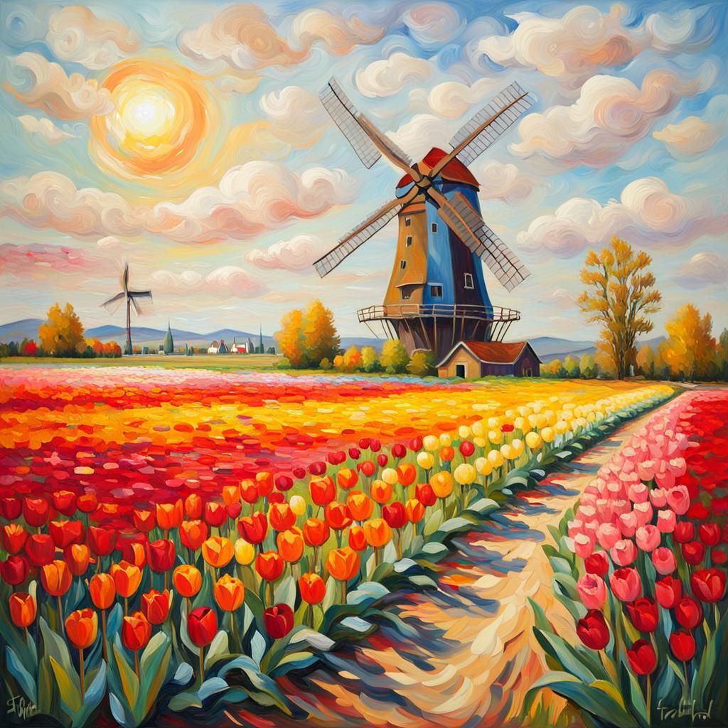 Vibrant Tulip Field Inspired by Impressionist Masters