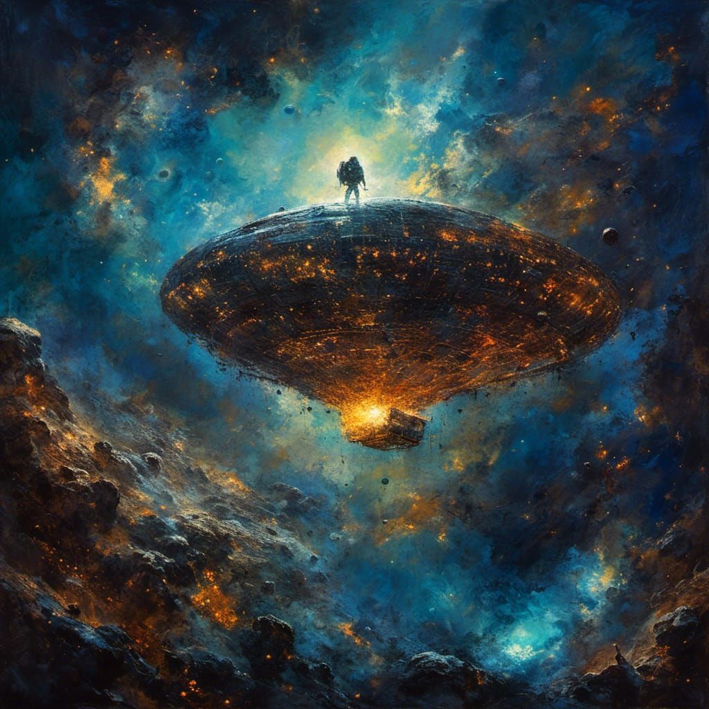 <lora:MJ6 Painterly:1.0> A cosmic traveler navigating through asteroid fields in a spaceship, expressionism painting, the overall style has...